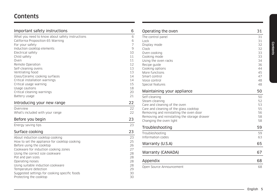 Samsung 30 Inch Smart Slide-In Induction Range Owners Guide User Manual | Page 5 / 210