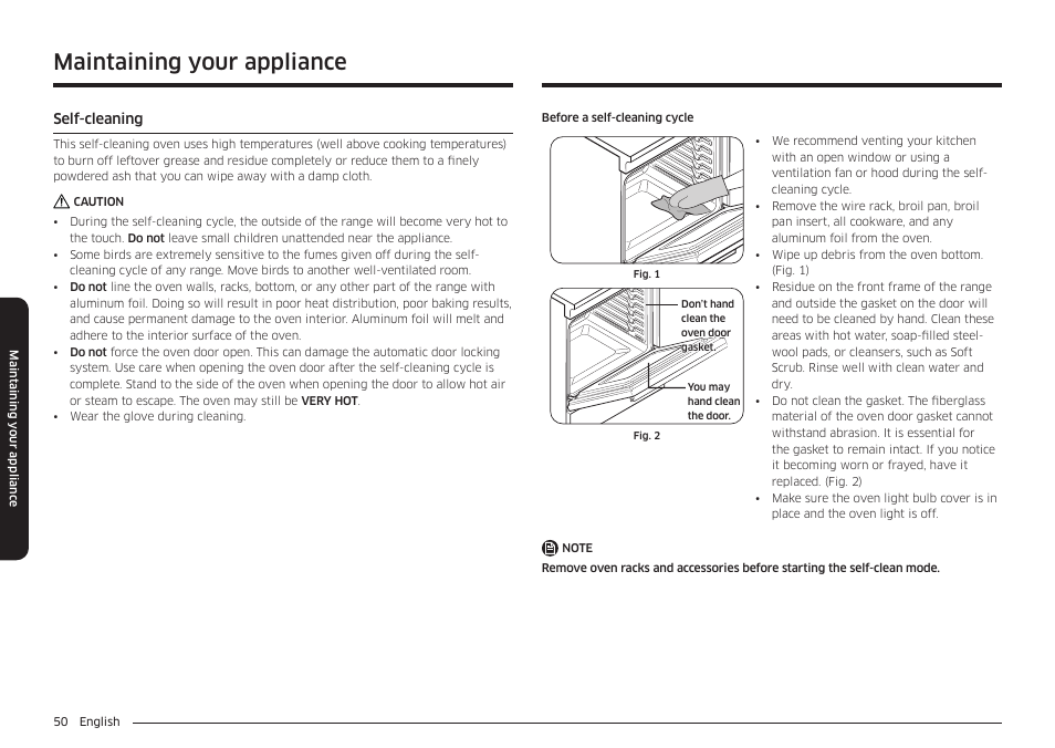 Maintaining your appliance, Self-cleaning, Self-cleaning 50 | Samsung 30 Inch Smart Slide-In Induction Range Owners Guide User Manual | Page 50 / 210