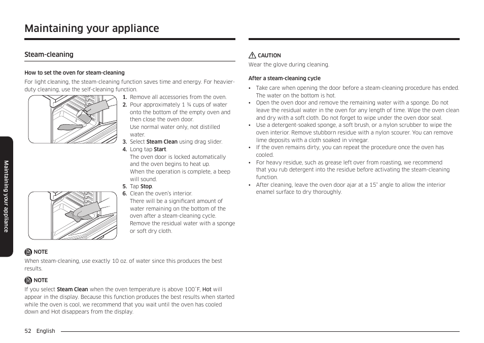 Steam-cleaning, Steam-cleaning 52, Maintaining your appliance | Samsung 30 Inch Smart Slide-In Induction Range Owners Guide User Manual | Page 52 / 210