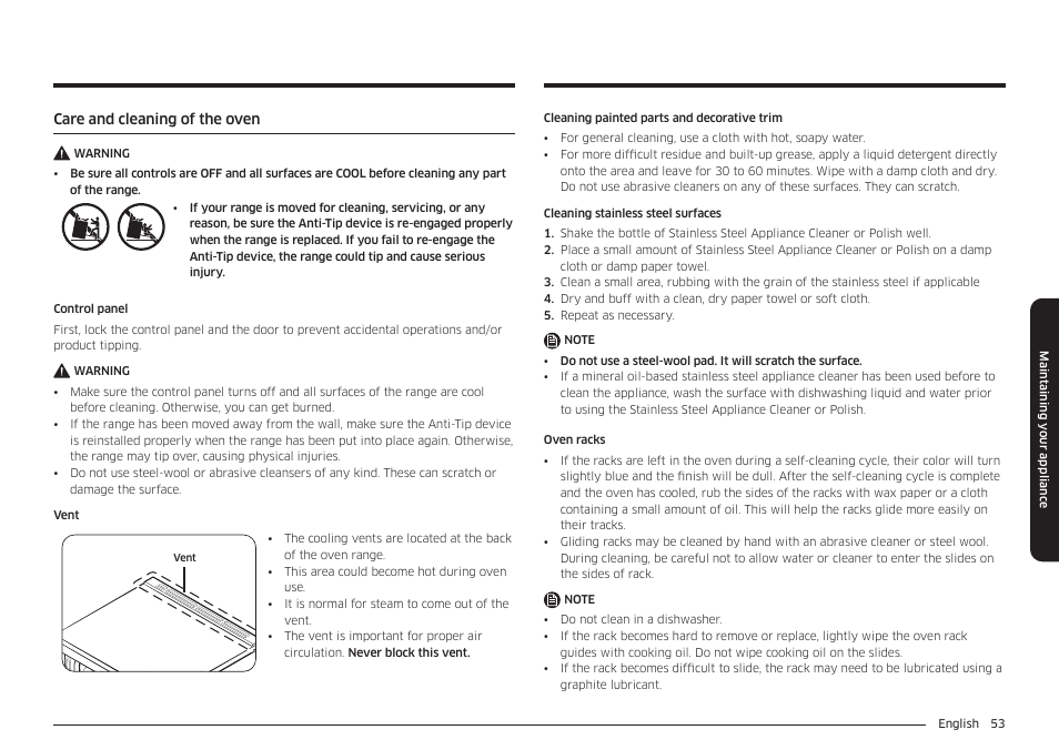 Care and cleaning of the oven | Samsung 30 Inch Smart Slide-In Induction Range Owners Guide User Manual | Page 53 / 210