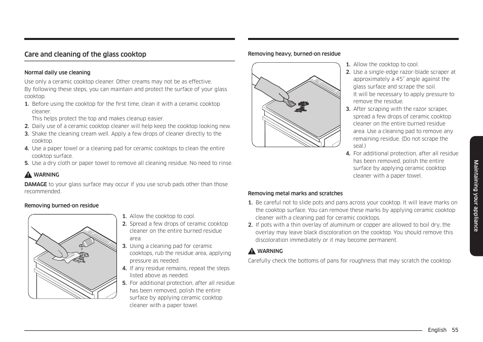 Care and cleaning of the glass cooktop | Samsung 30 Inch Smart Slide-In Induction Range Owners Guide User Manual | Page 55 / 210