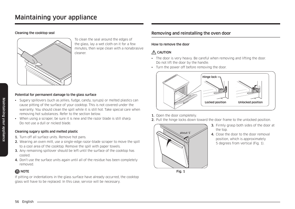 Removing and reinstalling the oven door, Maintaining your appliance | Samsung 30 Inch Smart Slide-In Induction Range Owners Guide User Manual | Page 56 / 210
