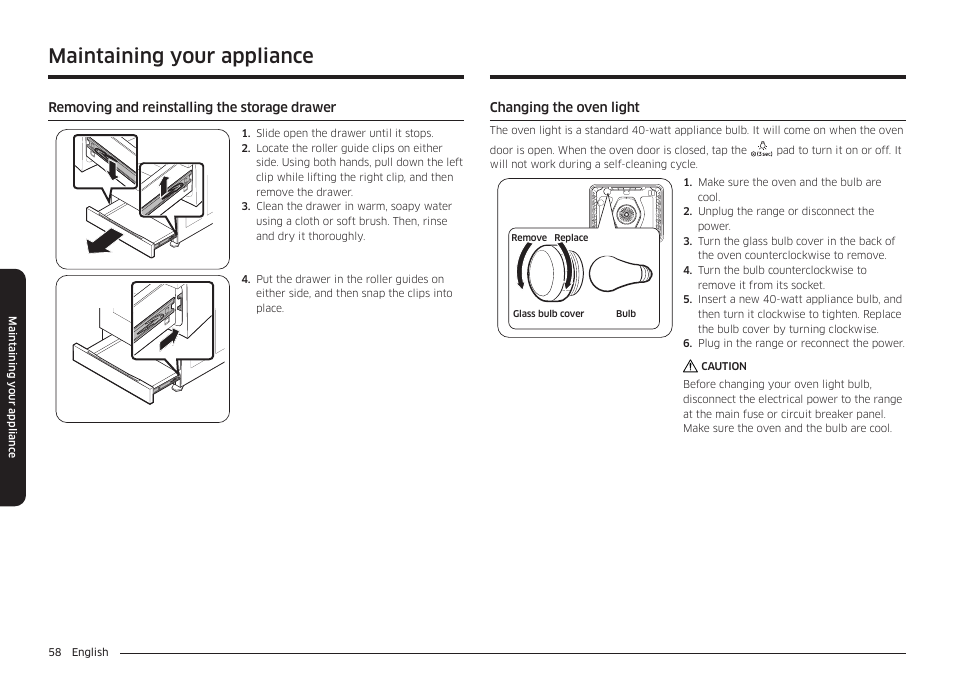 Removing and reinstalling the storage drawer, Changing the oven light, Maintaining your appliance | Samsung 30 Inch Smart Slide-In Induction Range Owners Guide User Manual | Page 58 / 210