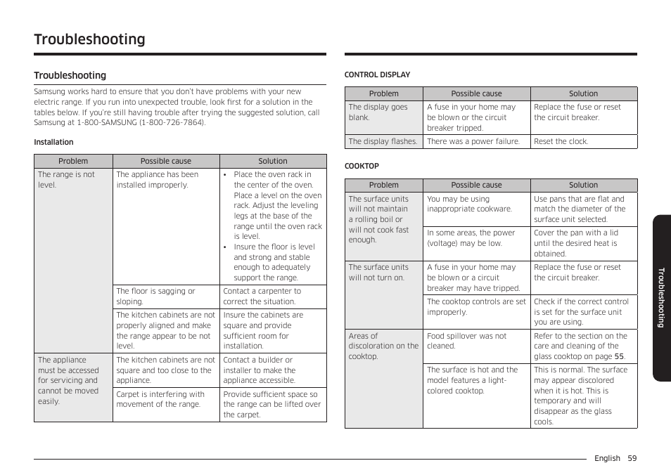 Troubleshooting, Troubleshooting 59, Sed, see the | Samsung 30 Inch Smart Slide-In Induction Range Owners Guide User Manual | Page 59 / 210