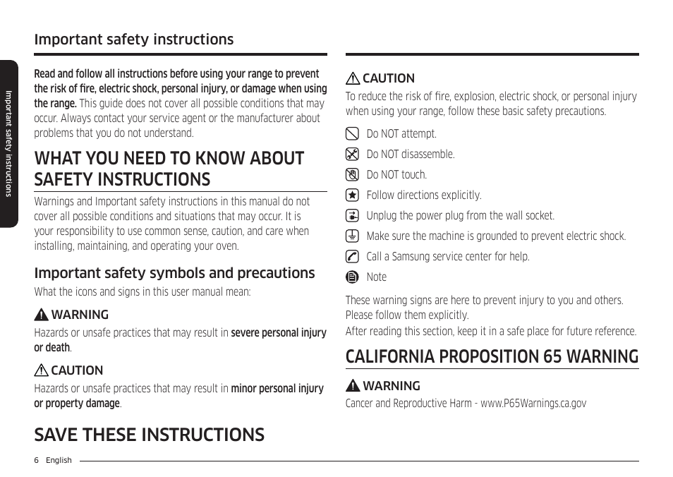 Important safety instructions, What you need to know about safety instructions, California proposition 65 warning | Save these instructions, Important safety symbols and precautions | Samsung 30 Inch Smart Slide-In Induction Range Owners Guide User Manual | Page 6 / 210