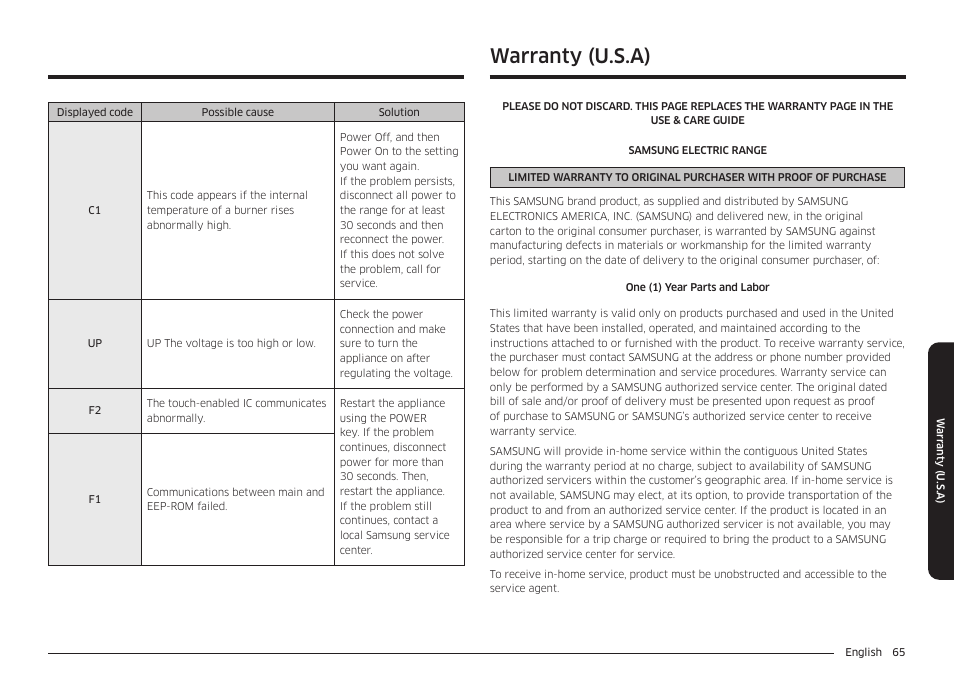Warranty (u.s.a) | Samsung 30 Inch Smart Slide-In Induction Range Owners Guide User Manual | Page 65 / 210