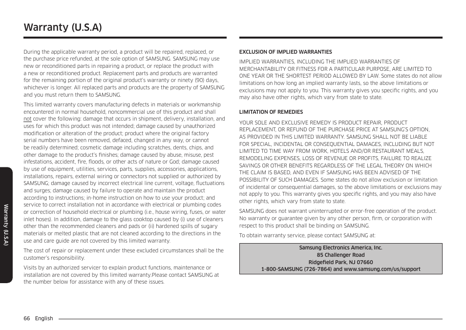 Warranty (u.s.a) | Samsung 30 Inch Smart Slide-In Induction Range Owners Guide User Manual | Page 66 / 210
