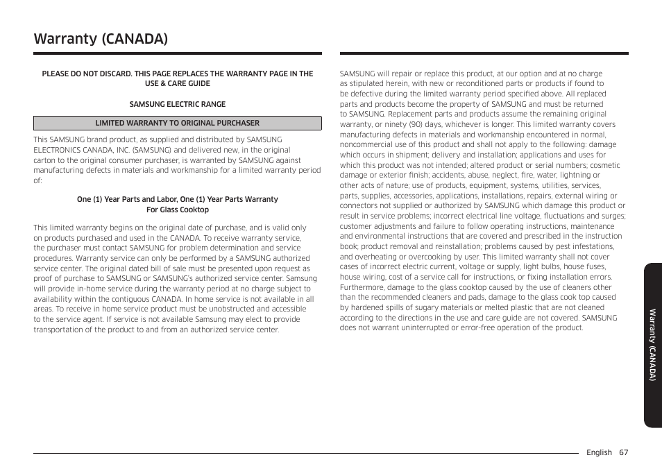 Warranty (canada) | Samsung 30 Inch Smart Slide-In Induction Range Owners Guide User Manual | Page 67 / 210
