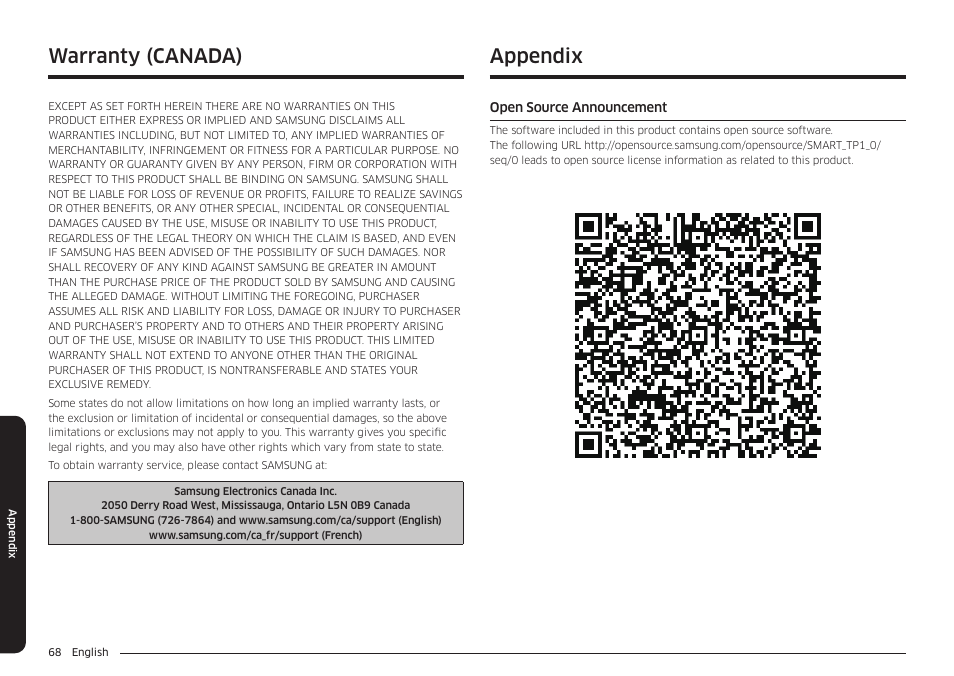 Appendix, Open source announcement, Appendix 68 | Warranty (canada) | Samsung 30 Inch Smart Slide-In Induction Range Owners Guide User Manual | Page 68 / 210