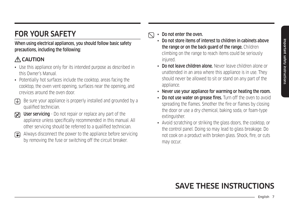 For your safety, Save these instructions for your safety | Samsung 30 Inch Smart Slide-In Induction Range Owners Guide User Manual | Page 7 / 210