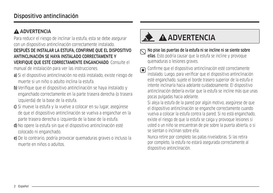 Advertencia, Dispositivo antinclinación | Samsung 30 Inch Smart Slide-In Induction Range Owners Guide User Manual | Page 72 / 210