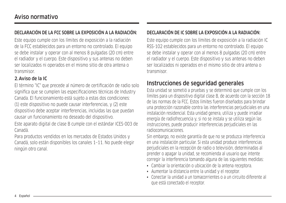 Aviso normativo, Instrucciones de seguridad generales | Samsung 30 Inch Smart Slide-In Induction Range Owners Guide User Manual | Page 74 / 210