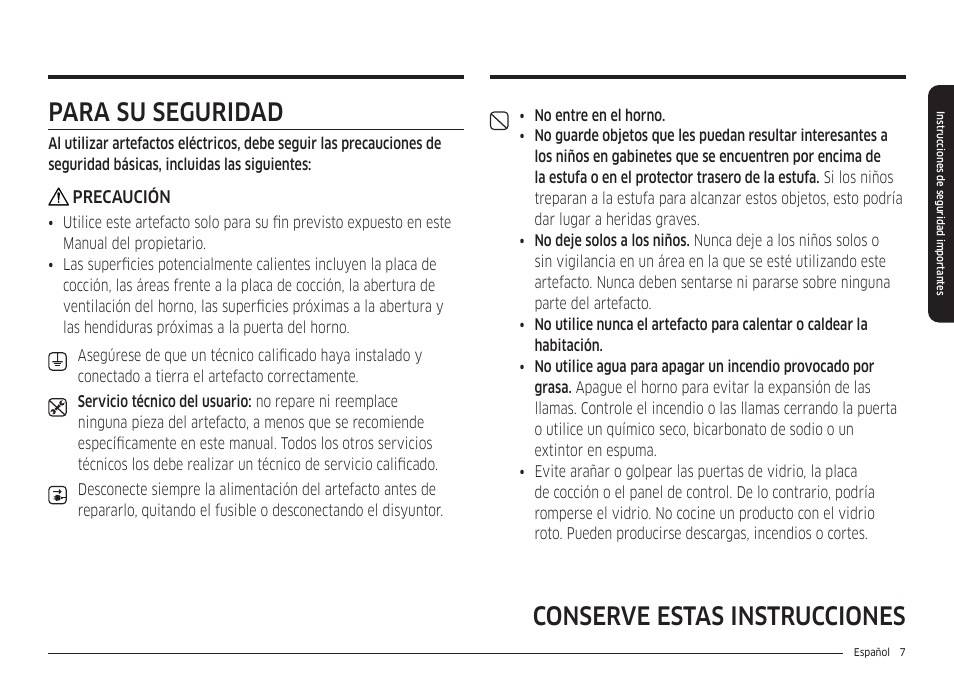 Para su seguridad, Conserve estas instrucciones para su seguridad | Samsung 30 Inch Smart Slide-In Induction Range Owners Guide User Manual | Page 77 / 210