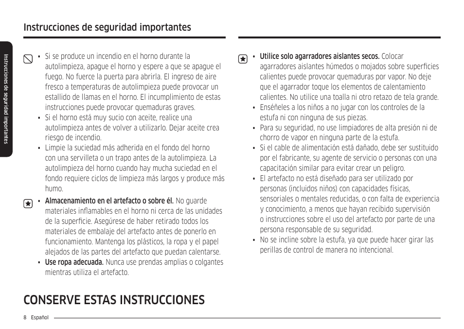 Conserve estas instrucciones, Instrucciones de seguridad importantes | Samsung 30 Inch Smart Slide-In Induction Range Owners Guide User Manual | Page 78 / 210