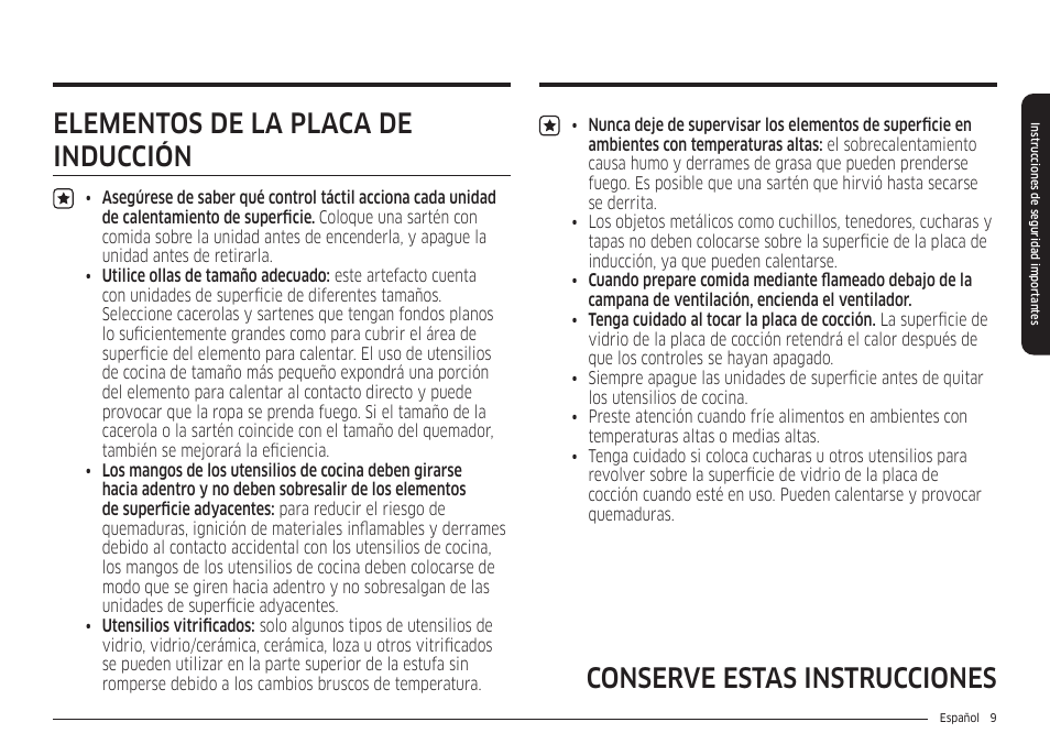 Elementos de la placa de inducción, Conserve estas instrucciones | Samsung 30 Inch Smart Slide-In Induction Range Owners Guide User Manual | Page 79 / 210