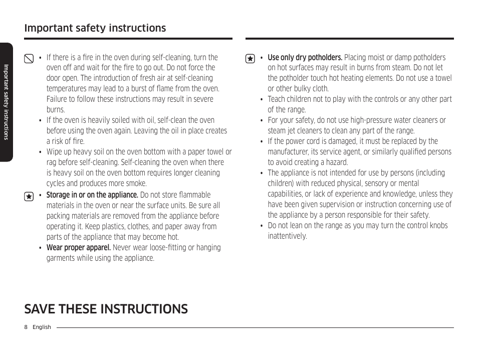 Save these instructions, Important safety instructions | Samsung 30 Inch Smart Slide-In Induction Range Owners Guide User Manual | Page 8 / 210