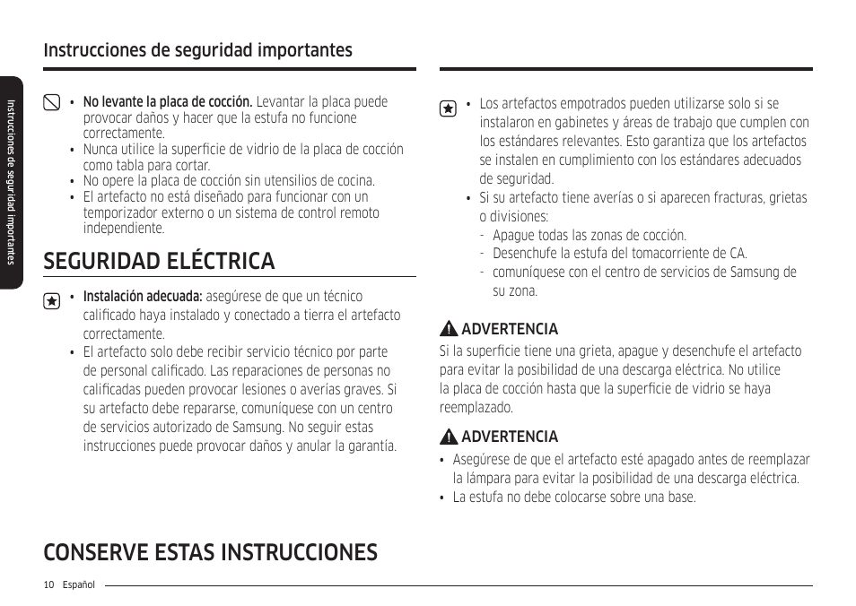 Seguridad eléctrica, Conserve estas instrucciones, Instrucciones de seguridad importantes | Samsung 30 Inch Smart Slide-In Induction Range Owners Guide User Manual | Page 80 / 210