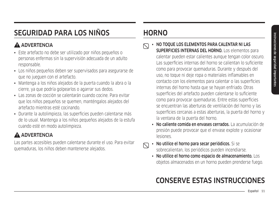 Seguridad para los niños, Horno, Horno 11 | Conserve estas instrucciones horno | Samsung 30 Inch Smart Slide-In Induction Range Owners Guide User Manual | Page 81 / 210