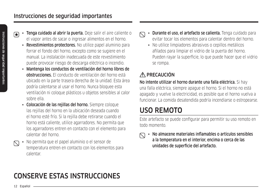 Uso remoto, Conserve estas instrucciones, Instrucciones de seguridad importantes | Samsung 30 Inch Smart Slide-In Induction Range Owners Guide User Manual | Page 82 / 210