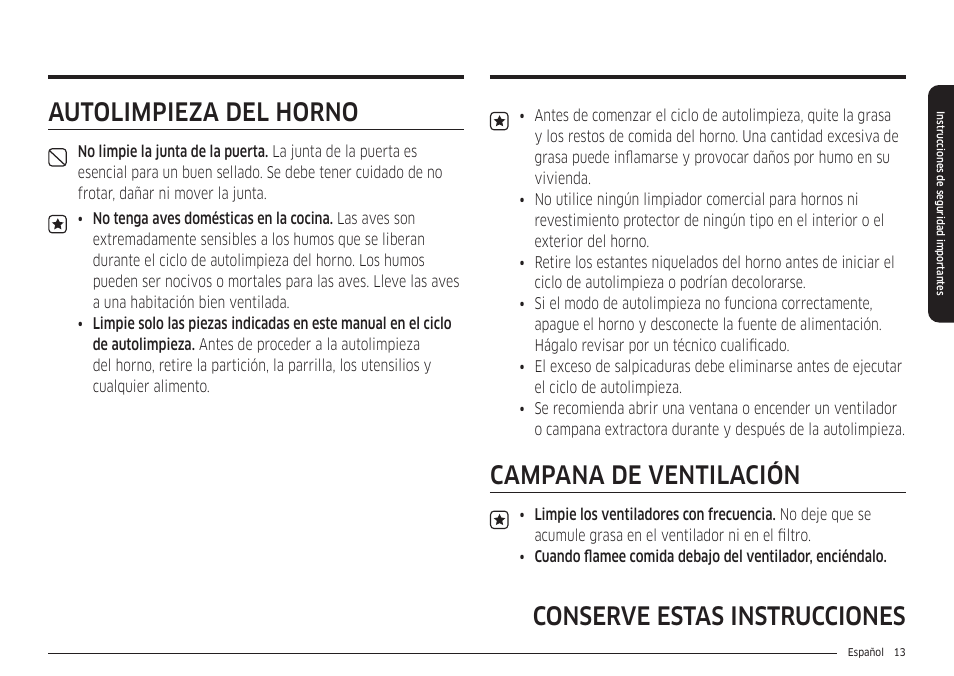 Autolimpieza del horno, Campana de ventilación, Conserve estas instrucciones | Samsung 30 Inch Smart Slide-In Induction Range Owners Guide User Manual | Page 83 / 210