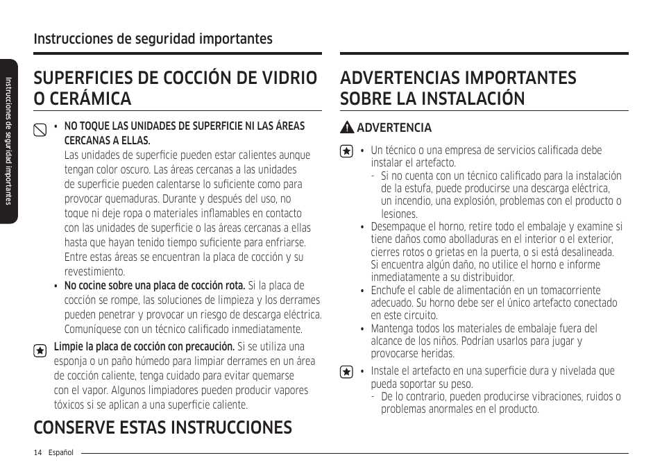 Superficies de cocción de vidrio o cerámica, Advertencias importantes sobre la instalación, Instrucciones de seguridad importantes | Samsung 30 Inch Smart Slide-In Induction Range Owners Guide User Manual | Page 84 / 210
