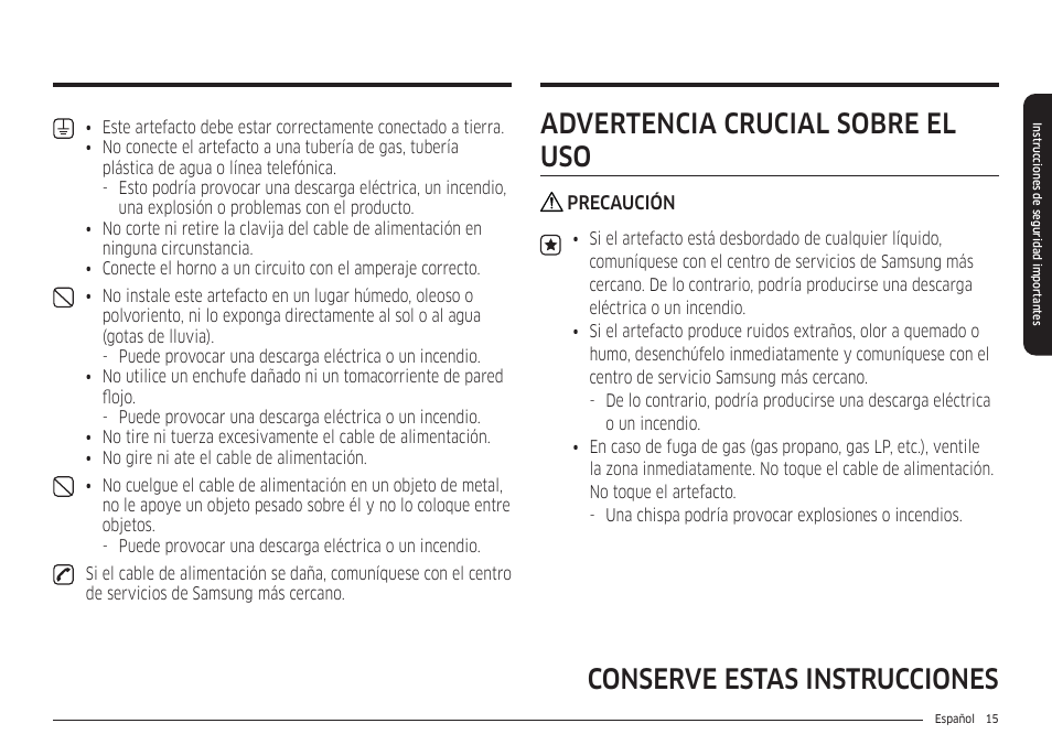 Advertencia crucial sobre el uso | Samsung 30 Inch Smart Slide-In Induction Range Owners Guide User Manual | Page 85 / 210