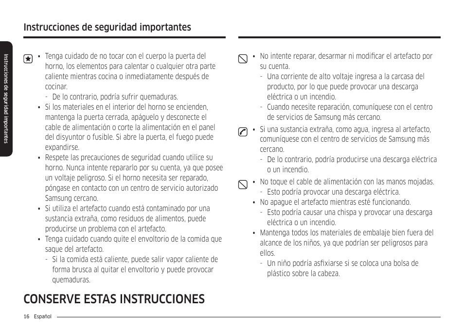 Conserve estas instrucciones, Instrucciones de seguridad importantes | Samsung 30 Inch Smart Slide-In Induction Range Owners Guide User Manual | Page 86 / 210