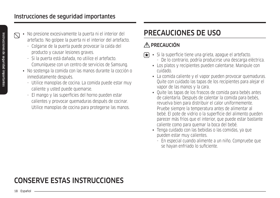 Precauciones de uso, Conserve estas instrucciones precauciones de uso, Instrucciones de seguridad importantes | Samsung 30 Inch Smart Slide-In Induction Range Owners Guide User Manual | Page 88 / 210
