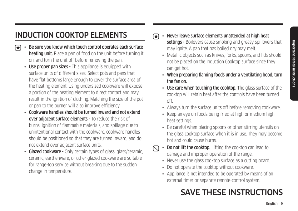 Induction cooktop elements, Save these instructions | Samsung 30 Inch Smart Slide-In Induction Range Owners Guide User Manual | Page 9 / 210