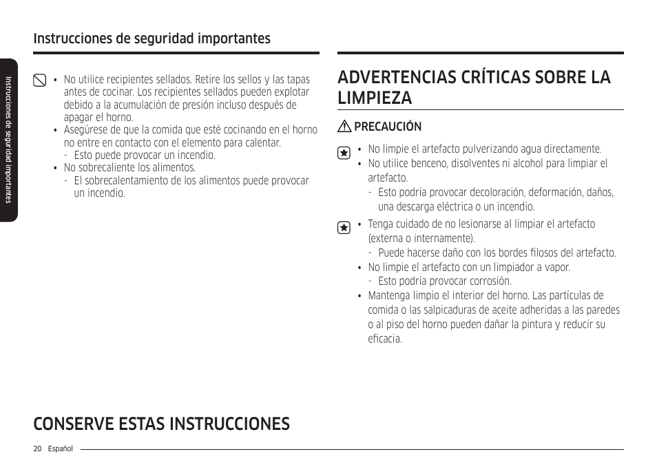 Advertencias críticas sobre la limpieza, Conserve estas instrucciones, Instrucciones de seguridad importantes | Samsung 30 Inch Smart Slide-In Induction Range Owners Guide User Manual | Page 90 / 210