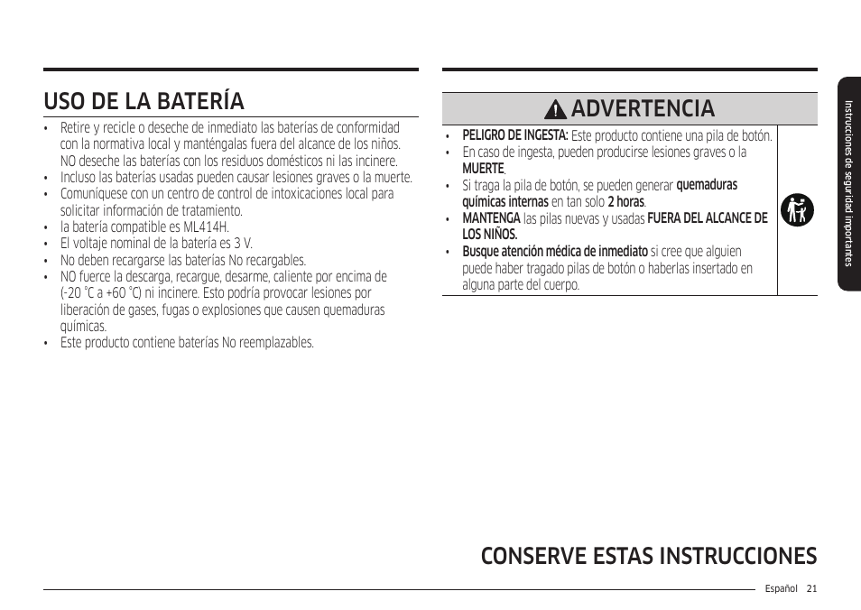 Uso de la batería, Conserve estas instrucciones uso de la batería, Advertencia | Samsung 30 Inch Smart Slide-In Induction Range Owners Guide User Manual | Page 91 / 210