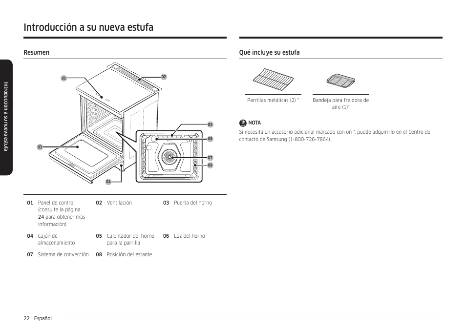 Introducción a su nueva estufa, Resumen, Qué incluye su estufa | Resumen 22 qué incluye su estufa | Samsung 30 Inch Smart Slide-In Induction Range Owners Guide User Manual | Page 92 / 210