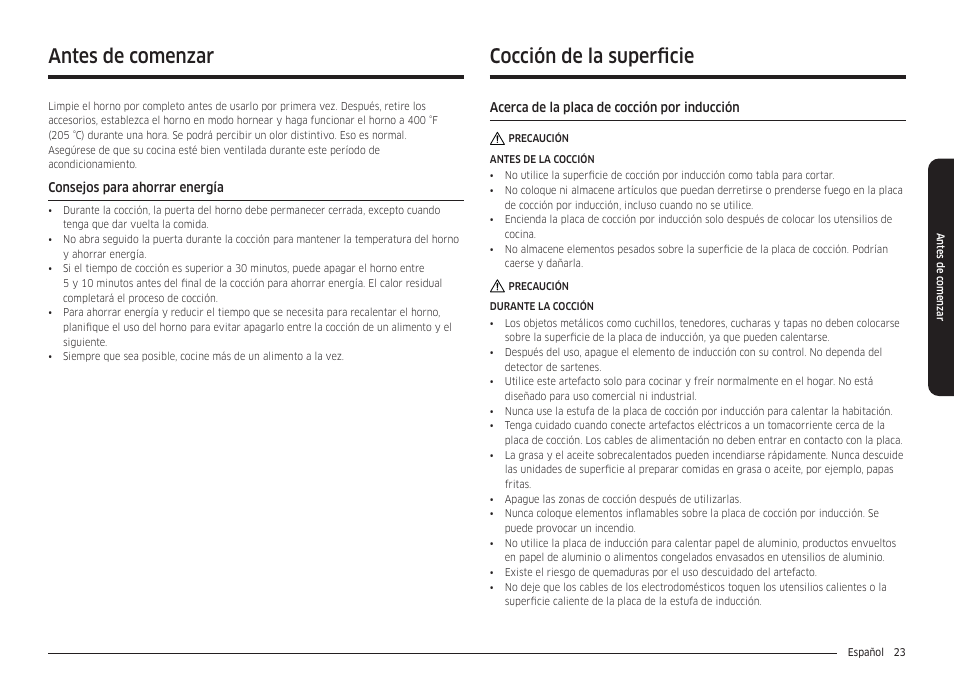 Antes de comenzar, Consejos para ahorrar energía, Cocción de la superficie | Acerca de la placa de cocción por inducción | Samsung 30 Inch Smart Slide-In Induction Range Owners Guide User Manual | Page 93 / 210
