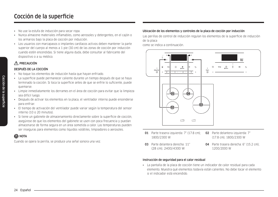 Cocción de la superficie | Samsung 30 Inch Smart Slide-In Induction Range Owners Guide User Manual | Page 94 / 210