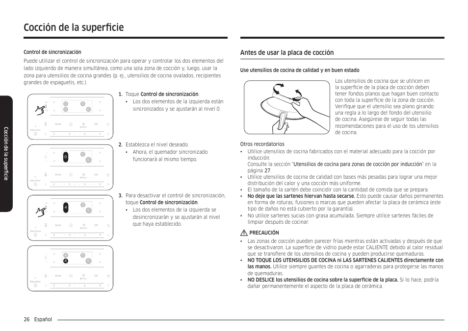 Antes de usar la placa de cocción, Cocción de la superficie | Samsung 30 Inch Smart Slide-In Induction Range Owners Guide User Manual | Page 96 / 210