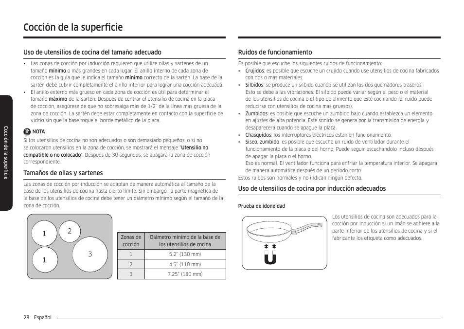 Uso de utensilios de cocina del tamaño adecuado, Tamaños de ollas y sartenes, Ruidos de funcionamiento | Cocción de la superficie | Samsung 30 Inch Smart Slide-In Induction Range Owners Guide User Manual | Page 98 / 210