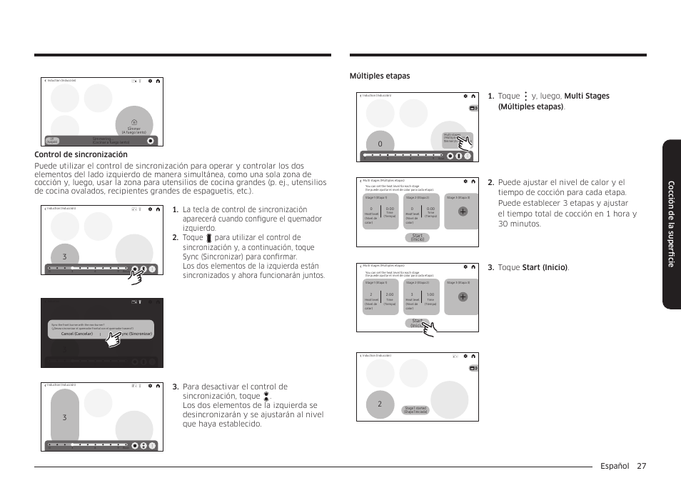 Español 27 c oc ción de la super ficie, Toque y, luego, multi stages (múltiples etapas), Toque start (inicio) | Samsung BESPOKE 30 Inch Smart Slide-In Induction Range Owners Guide User Manual | Page 101 / 234