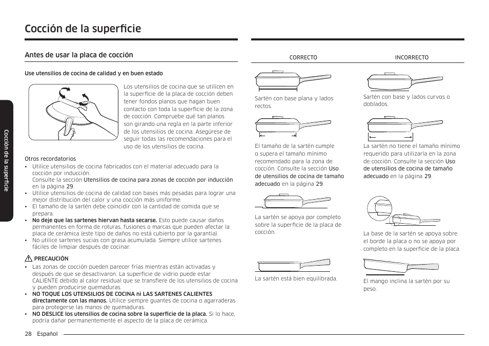 Antes de usar la placa de cocción, Cocción de la superficie | Samsung BESPOKE 30 Inch Smart Slide-In Induction Range Owners Guide User Manual | Page 102 / 234