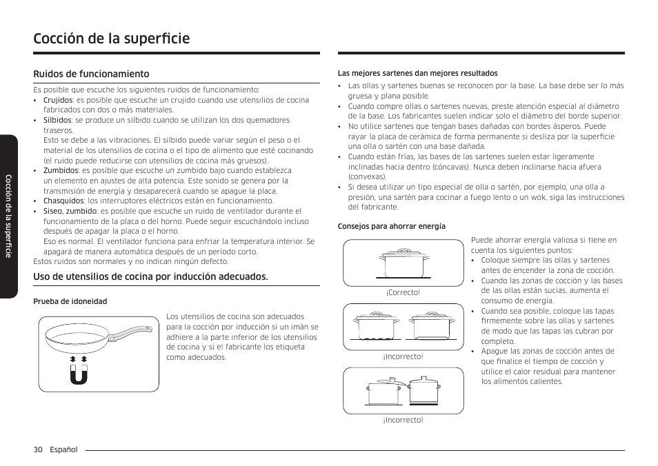 Ruidos de funcionamiento, Cocción de la superficie | Samsung BESPOKE 30 Inch Smart Slide-In Induction Range Owners Guide User Manual | Page 104 / 234
