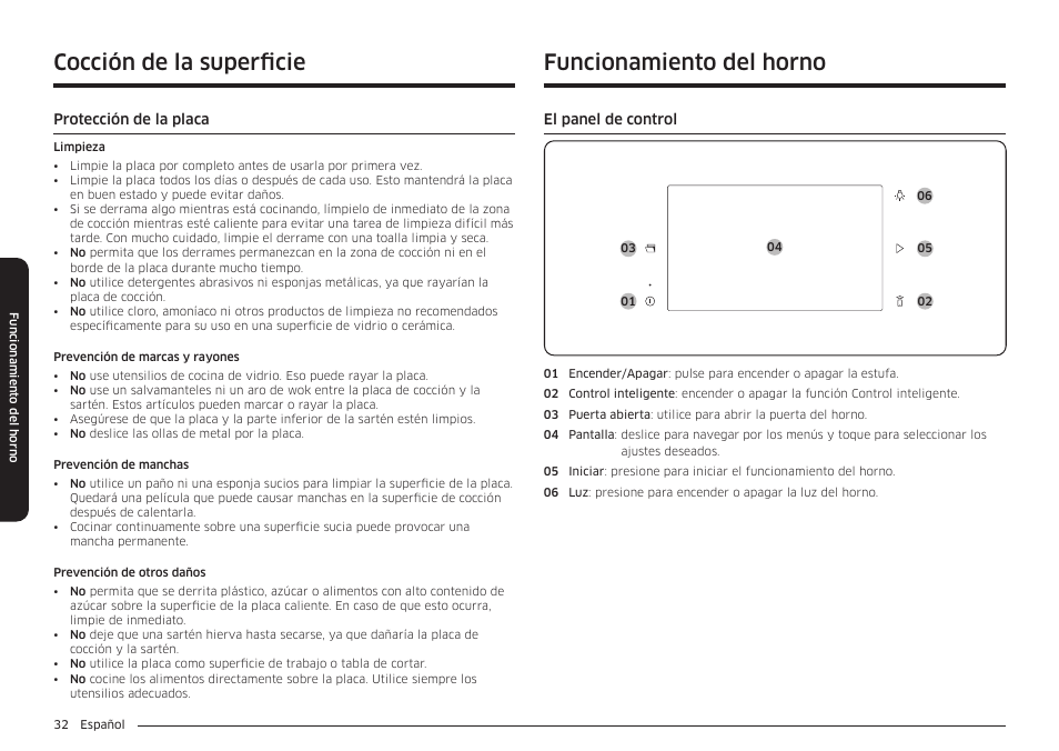 Protección de la placa, Funcionamiento del horno, El panel de control | Cocción de la superficie | Samsung BESPOKE 30 Inch Smart Slide-In Induction Range Owners Guide User Manual | Page 106 / 234