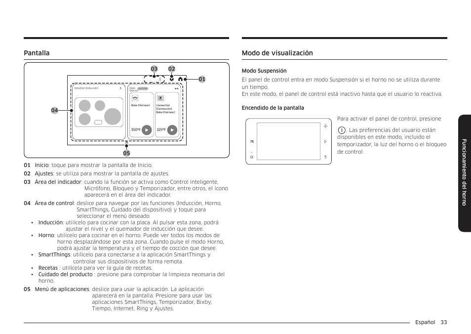Pantalla, Modo de visualización, Pantalla 33 modo de visualización | Samsung BESPOKE 30 Inch Smart Slide-In Induction Range Owners Guide User Manual | Page 107 / 234