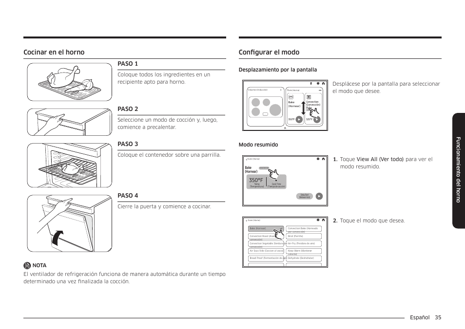 Cocinar en el horno, Configurar el modo, Paso 1 | Paso 2, Paso 3, Paso 4, 350°f, Español 35 funcionamient o del horno, Coloque el contenedor sobre una parrilla, Desplazamiento por la pantalla | Samsung BESPOKE 30 Inch Smart Slide-In Induction Range Owners Guide User Manual | Page 109 / 234