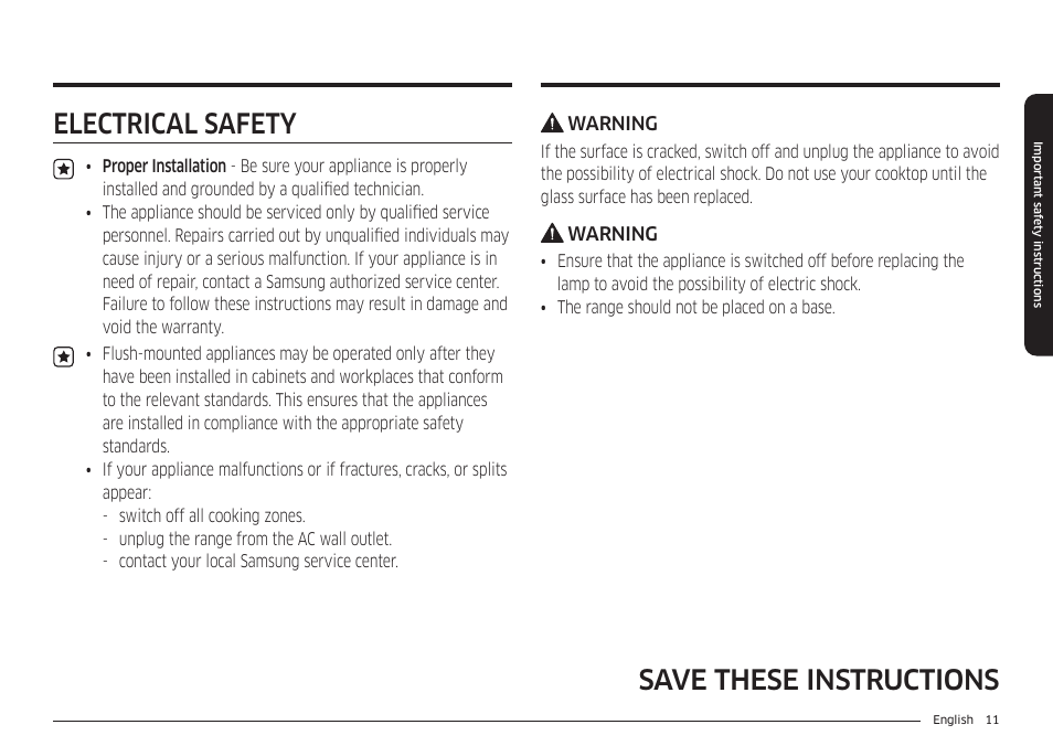 Electrical safety, Save these instructions | Samsung BESPOKE 30 Inch Smart Slide-In Induction Range Owners Guide User Manual | Page 11 / 234
