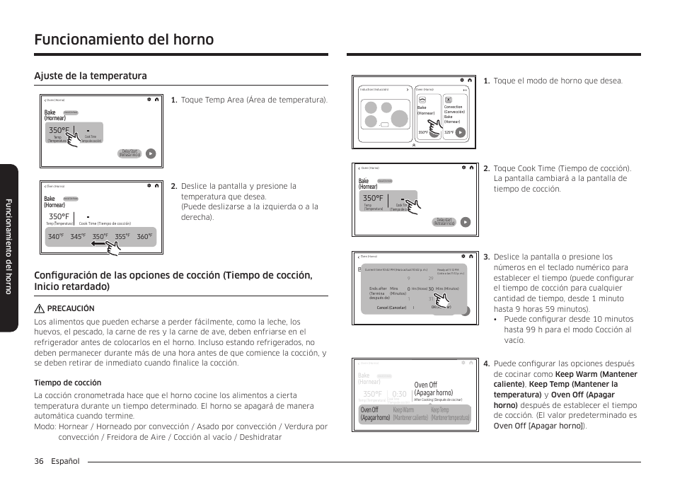 Ajuste de la temperatura, Funcionamiento del horno, 350°f | Oven off (apagar horno), 36 español funcionamient o del horno, Toque el modo de horno que desea, Toque temp area (área de temperatura) | Samsung BESPOKE 30 Inch Smart Slide-In Induction Range Owners Guide User Manual | Page 110 / 234