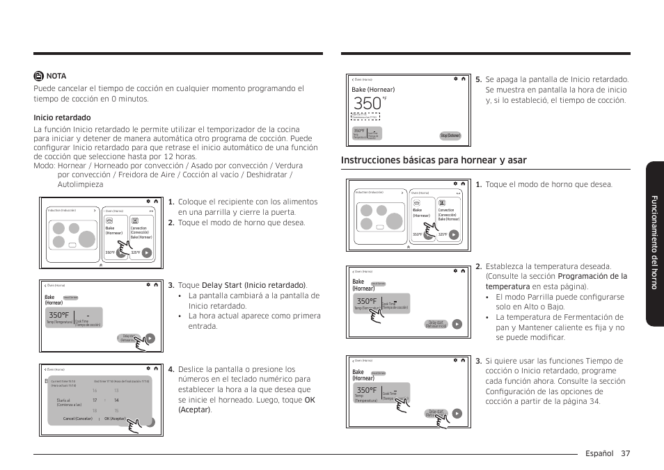 Instrucciones básicas para hornear y asar, 350°f, Español 37 funcionamient o del horno | Toque el modo de horno que desea | Samsung BESPOKE 30 Inch Smart Slide-In Induction Range Owners Guide User Manual | Page 111 / 234