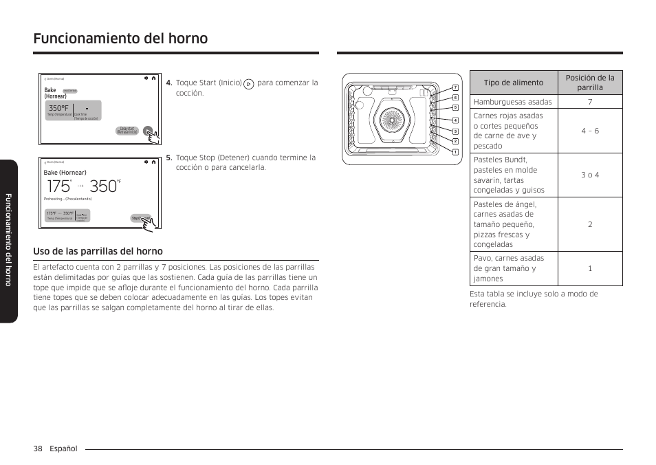 Uso de las parrillas del horno, Funcionamiento del horno, 350°f | Samsung BESPOKE 30 Inch Smart Slide-In Induction Range Owners Guide User Manual | Page 112 / 234