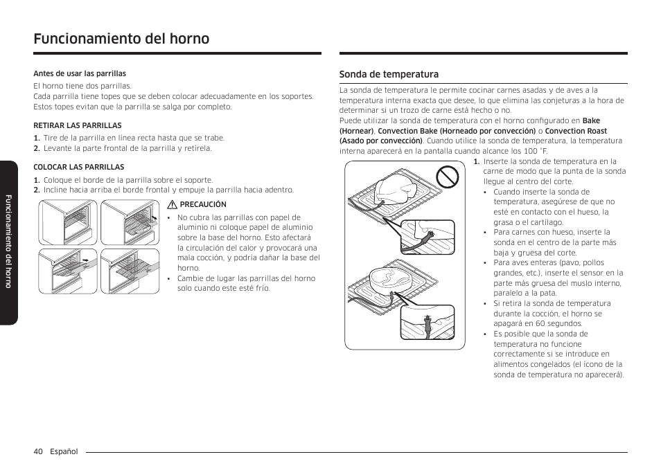 Sonda de temperatura, Funcionamiento del horno | Samsung BESPOKE 30 Inch Smart Slide-In Induction Range Owners Guide User Manual | Page 114 / 234