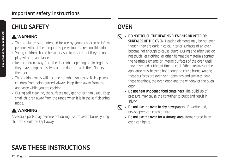 Child safety, Oven, Oven 12 | Save these instructions oven, Important safety instructions | Samsung BESPOKE 30 Inch Smart Slide-In Induction Range Owners Guide User Manual | Page 12 / 234