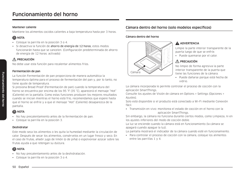 Cámara dentro del horno (solo modelos específicos), Funcionamiento del horno | Samsung BESPOKE 30 Inch Smart Slide-In Induction Range Owners Guide User Manual | Page 124 / 234