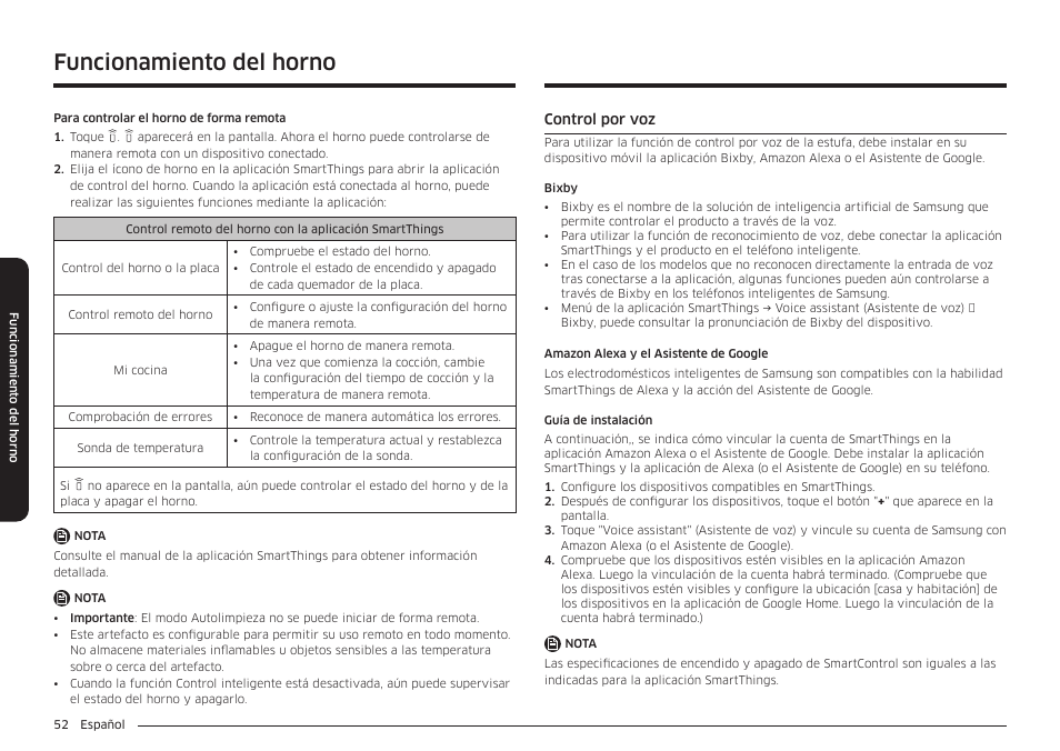 Control por voz, Funcionamiento del horno | Samsung BESPOKE 30 Inch Smart Slide-In Induction Range Owners Guide User Manual | Page 126 / 234